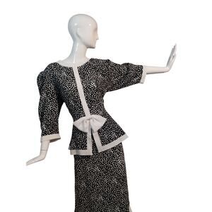 Vintage 80's Liz Roberts Womens 1X Spotted Puff sleeve‎ Bow Classic Peplum Dress